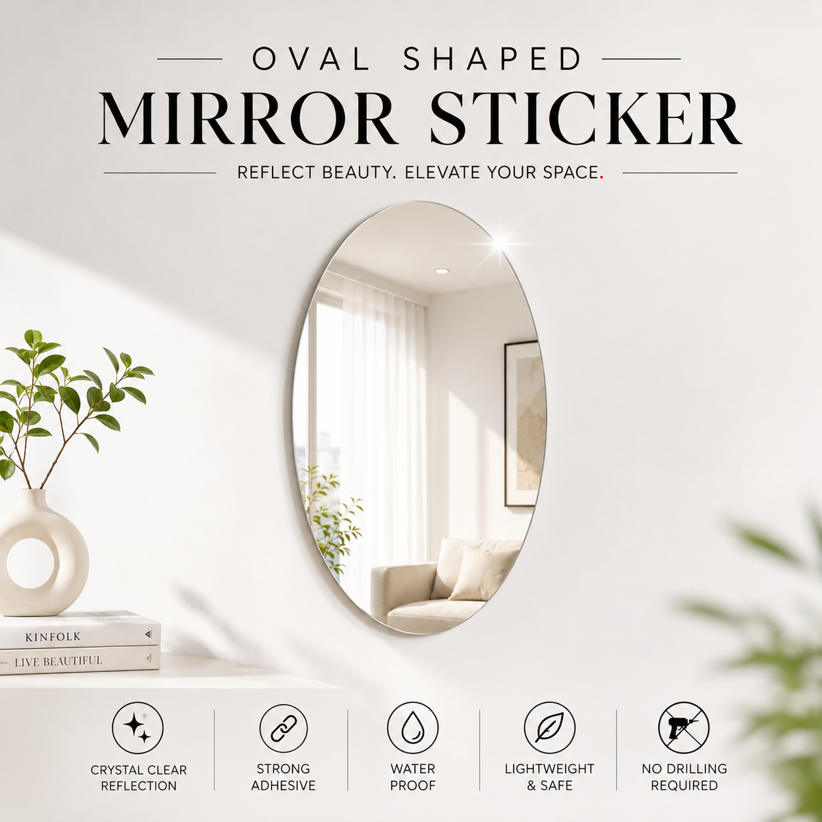 Oval Shape Acrylic Mirror Wall Sticker | Peel & Stick