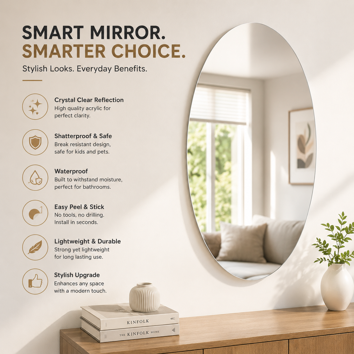 Oval Shape Acrylic Mirror Wall Sticker | Peel & Stick